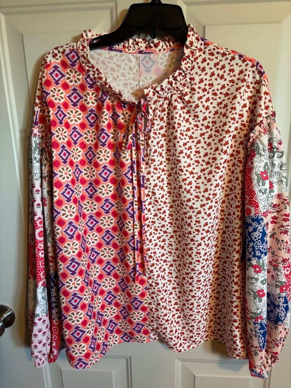 Patchwork Floral Print Peasant Blouse in Red, Pink, Blue